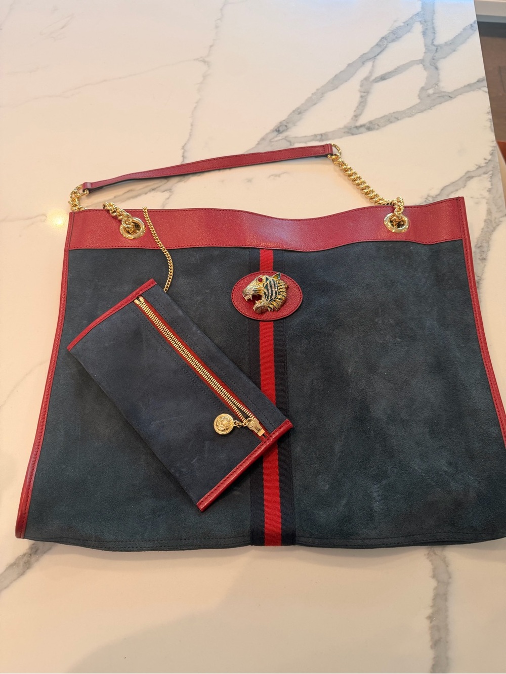 Gucci Navy Suede Tote with Red Trim and Gold Hardware